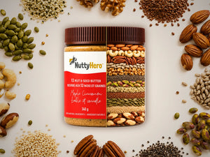 NuttyHero nut and seed butter jar surrounded by various nuts and seeds on a light background